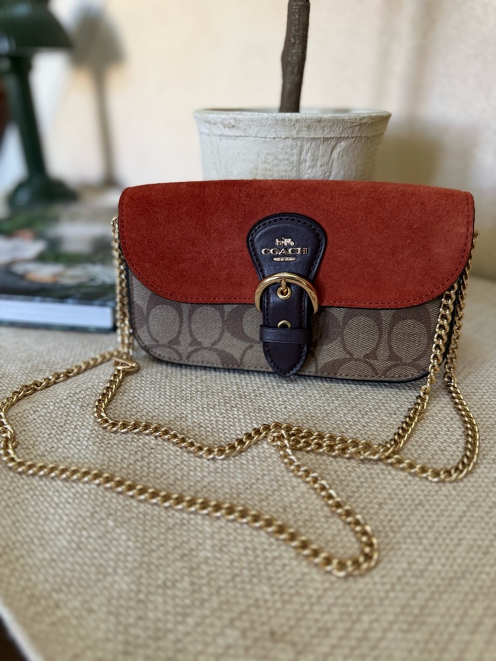 Coach Two-Tone Suede & Signature Canvas Crossbody in Rust and Brown